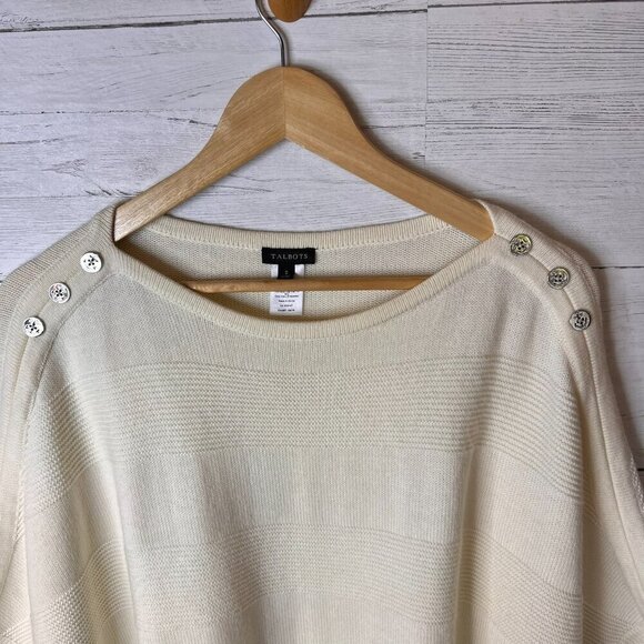Talbots Sweater Womens Size Small Ivory Poncho Nautical Buttons Cape Lambs Wool - Picture 11 of 16